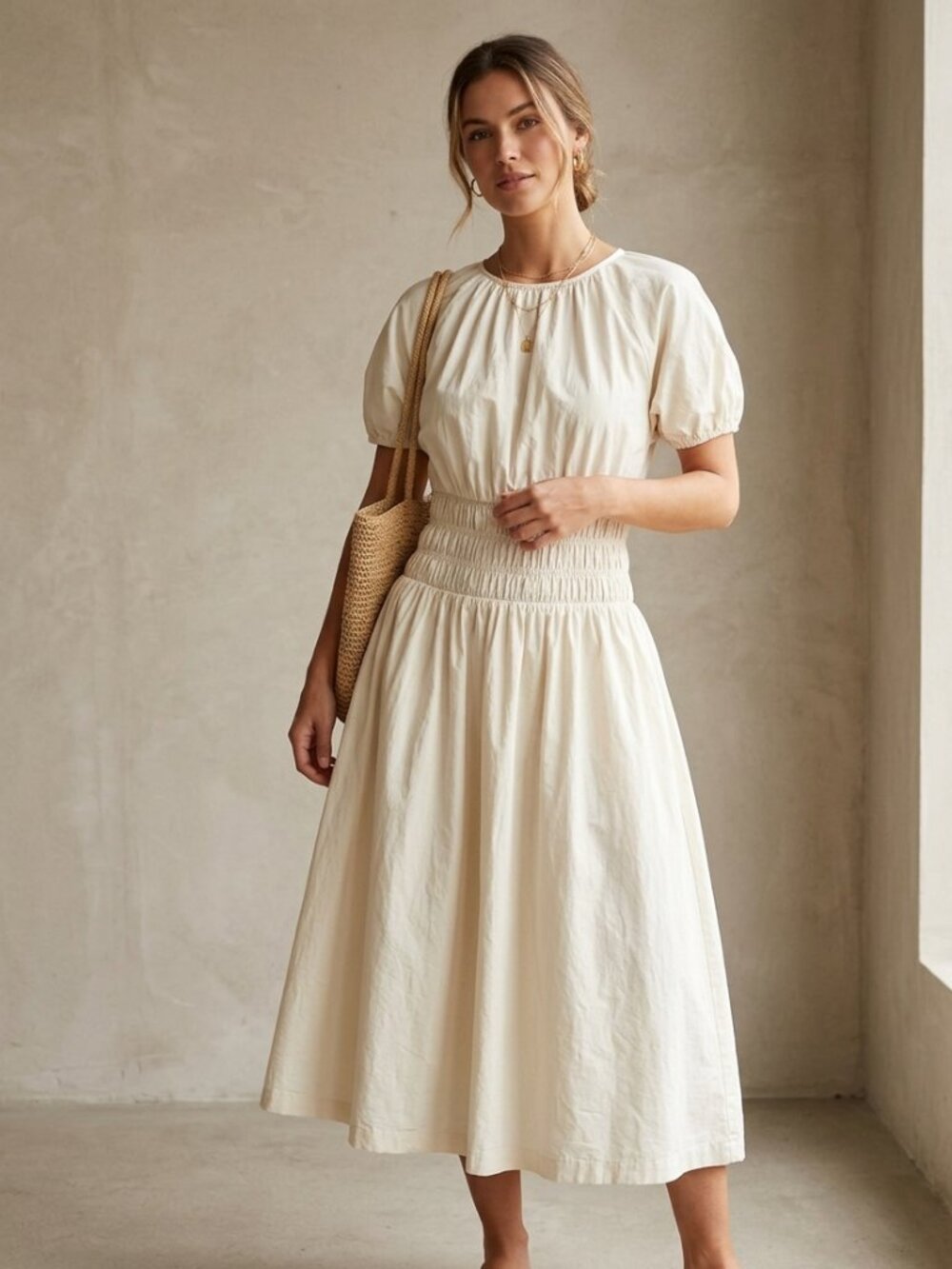 Modern Citizen Cream Smocked Waist Midi Dress - Size Small